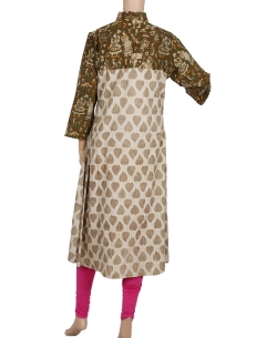 Beige And Green Dhabu Cotton Dhabu A Line Kurtis