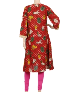 Red Kalamkari Cotton Kalamkari A Line Kurtis