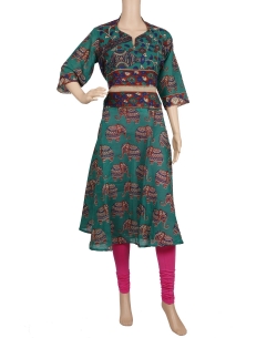 Green Kalamkari Cotton Kalamkari Anarkali Kurtis