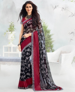 Black And Grey Georgette Printed Regular Sarees
