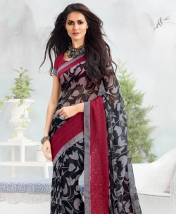 Black And Grey Georgette Printed Regular Sarees