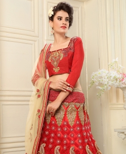 Red Art Silk Embroidered A-Line Lehengas
