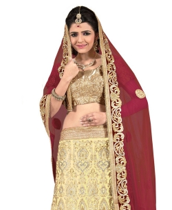 Cream Net Embroidered A-line Lehengas