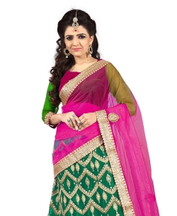 Green And DeepPink Net Embroidered A-line Lehengas