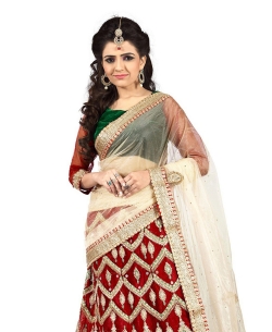 Maroon And Green Net Embroidered A-line Lehengas