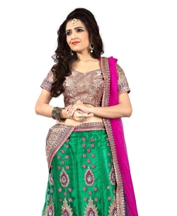 Green And DeepPink Net Embroidered A-line Lehengas