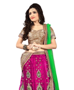Green And DeepPink Net Embroidered A-line Lehengas