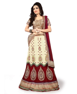 Cream And Maroon Net Embroidered A-line Lehengas