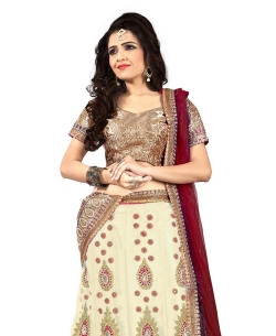 Cream And Maroon Net Embroidered A-line Lehengas