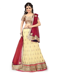 Cream Net Embroidered A-line Lehengas