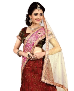Brown Net Embroidered A-line Lehengas