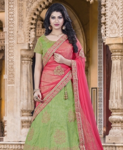Light Green Silk Embroidered A Line Lehengas