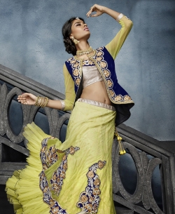 Yellowish Green And NavyBlue Velvet, Gota Applique A Line Lehengas