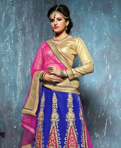 Blue Net Embroidered A-line Lehengas