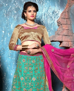 Green Net Embroidered A-line Lehengas
