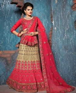 Beige And HotPink Net Embroidered A-line Lehengas