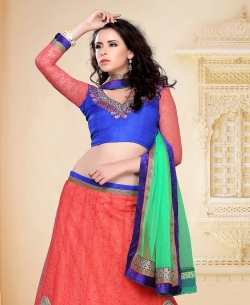 Reddish Orange And Blue Net Lace Style A-line Lehengas