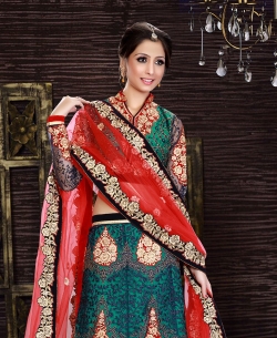 Green Net Embroidered A-line Lehengas