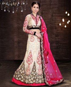 Cream Net Embroidered A-line Lehengas