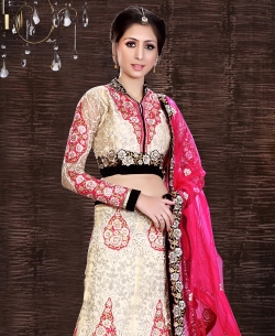 Cream Net Embroidered A-line Lehengas