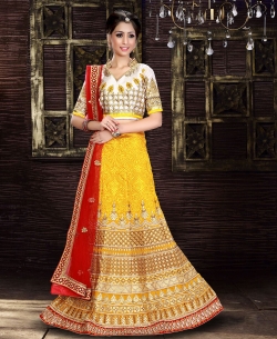 Yellow Georgette Embroidered A-line Lehengas