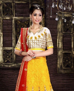 Yellow Georgette Embroidered A-line Lehengas