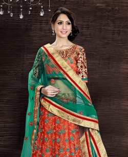 Orange Net Embroidered A-line Lehengas