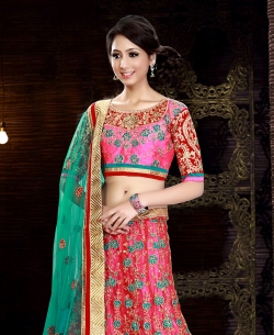 Pink Net Embroidered A-line Lehengas
