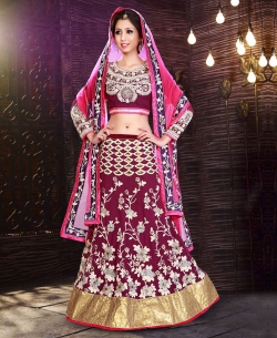 Burgundy Georgette Embroidered A-line Lehengas