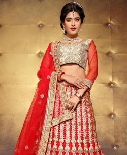 Red Net Embroidered A-line Lehengas