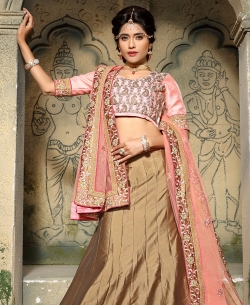 Pink And TanBrown Dupion Silk Embroidered A-line Lehengas