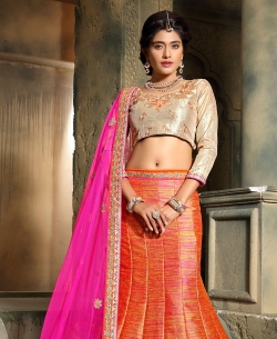 Orange Art Silk Embroidered A-line Lehengas