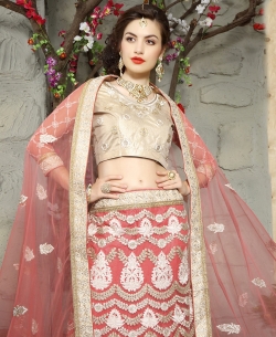 Salmon Net Embroidered A-line Lehengas