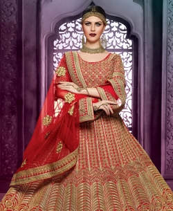 Red Art Silk Stones, Crystals A-Line Lehengas