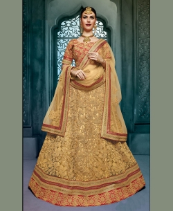 Burly Wood Art Silk Stones, Crystals A-Line Lehengas