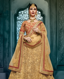 Burly Wood Art Silk Stones, Crystals A-Line Lehengas