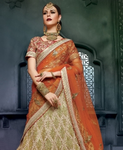 Light Green And Red Art Silk Stones, Crystals A-Line Lehengas