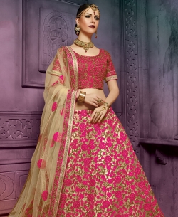 Deep Pink Art Silk Mirror Work A-Line Lehengas
