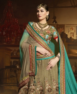 Grey And SeaGreen Art Silk Zari Style A-Line Lehengas