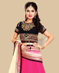 Navy Blue And Pink Velvet Embroidered A-Line Lehengas