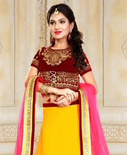 Maroon And Yellow Velvet Embroidered A-Line Lehengas