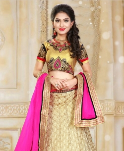 Beige Gota Embroidered A-Line Lehengas