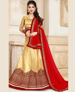 Beige Silk Embroidered A-Line Lehengas