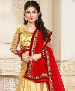 Beige Silk Embroidered A-Line Lehengas