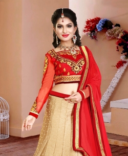 Beige And Red Gota, Velvet Zari Style A-Line Lehengas