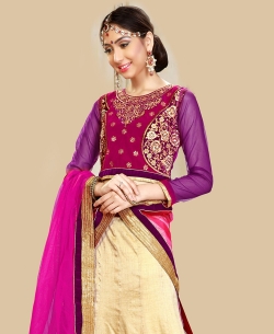 Pink And Magenta Velvet Embroidered A-Line Lehengas