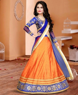 Orange And Blue Silk Embroidered A-Line Lehengas