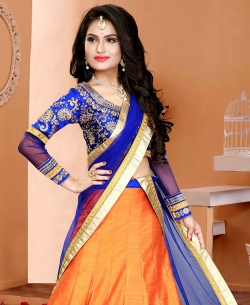 Orange And Blue Silk Embroidered A-Line Lehengas