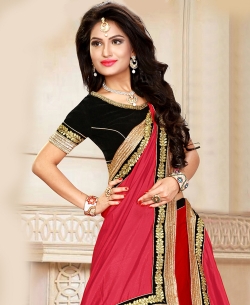 Black And Red Velvet Embroidered A-Line Lehengas