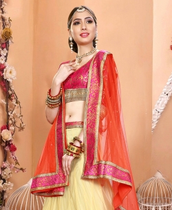 Cream And DeepPink Brocade Patch Work A-Line Lehengas